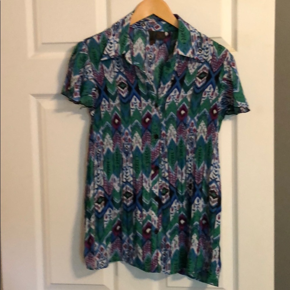 Green blue purple black short sleeve blouse 1X